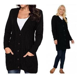 Denim & Co Womens Cable Knit Tunic Cardigan Sweater W/Pockets Button Up Black M